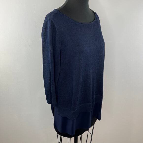 EILEEN FISHER Navy Blue Linen Blend Wide Layered Look Top Petite Large PL - Picture 3 of 7
